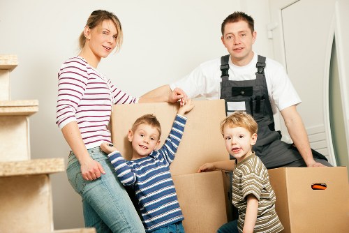 Battersea office move logistics with labeled boxes and furniture