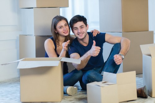 Carefully packed moving boxes inside a removal truck