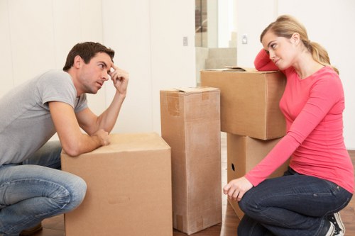Packed office furniture and equipment ready for relocation