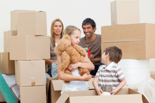 Packed moving boxes and furniture prepared for transport in Battersea